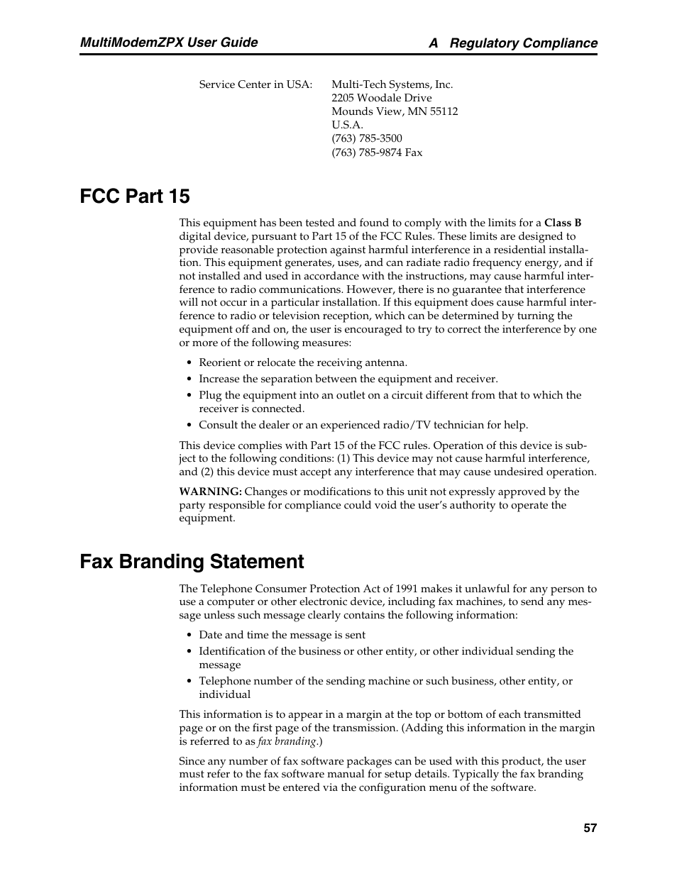 Fcc part 15, Fax branding statement, Fcc part 15 fax branding statement | Multi-Tech Systems MT5634ZPX-PCI-V92 User Manual | Page 62 / 85