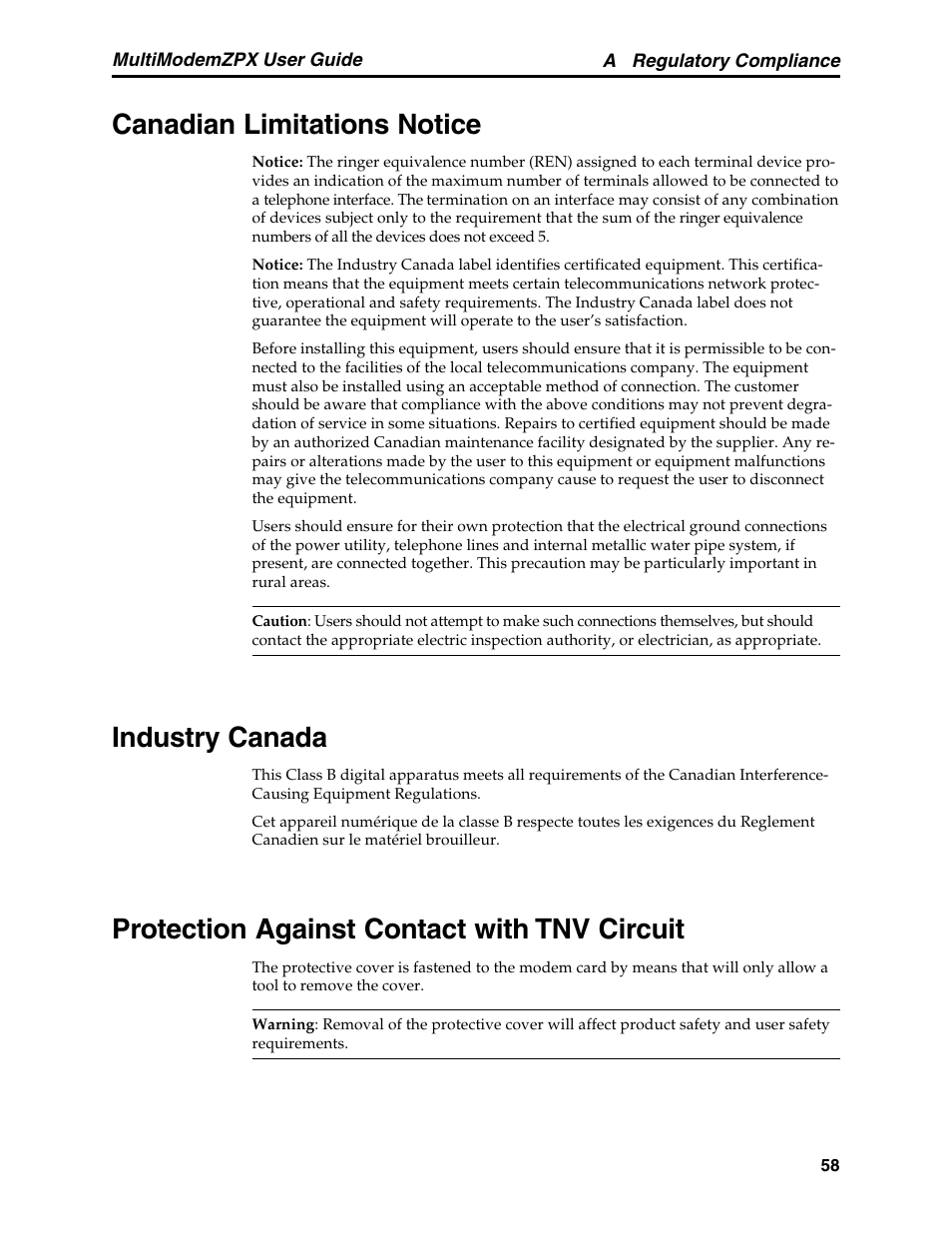 Canadian limitations notice, Industry canada, Protection against contact with tnv circuit | Multi-Tech Systems MT5634ZPX-PCI-V92 User Manual | Page 63 / 85