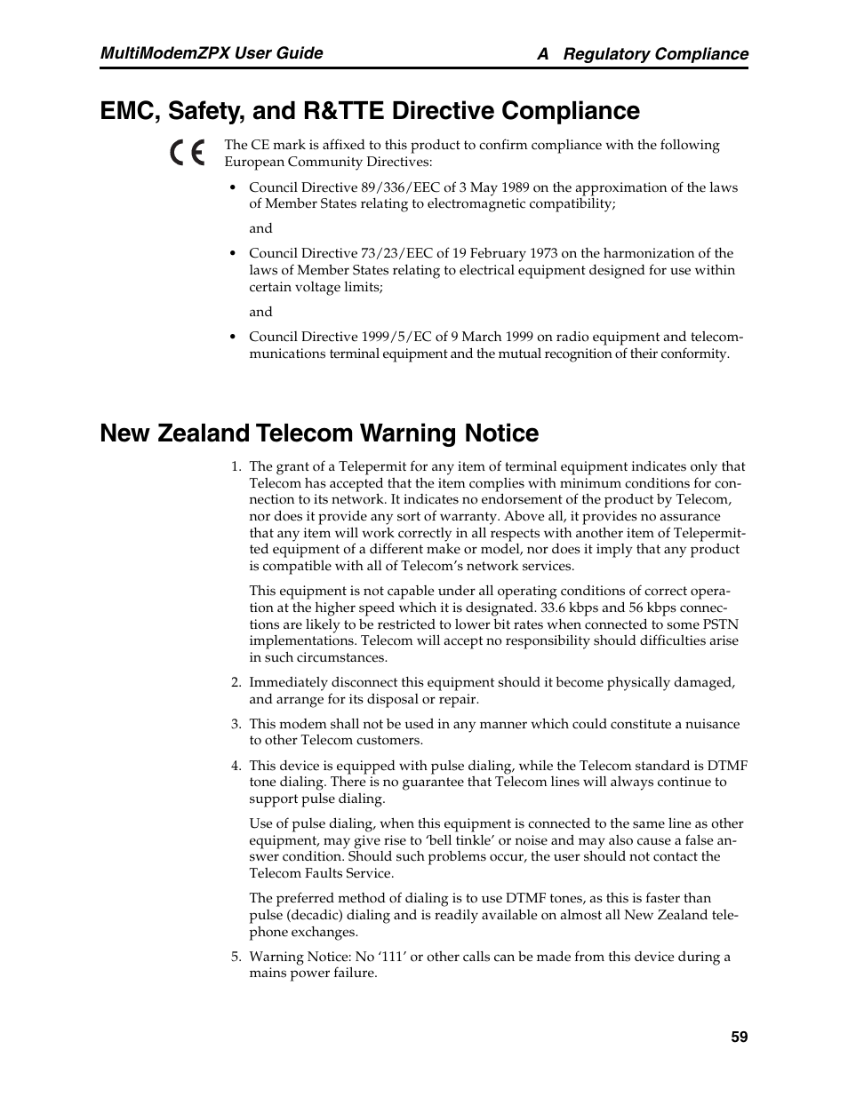 Emc, safety, and r&tte directive compliance, New zealand telecom warning notice | Multi-Tech Systems MT5634ZPX-PCI-V92 User Manual | Page 64 / 85
