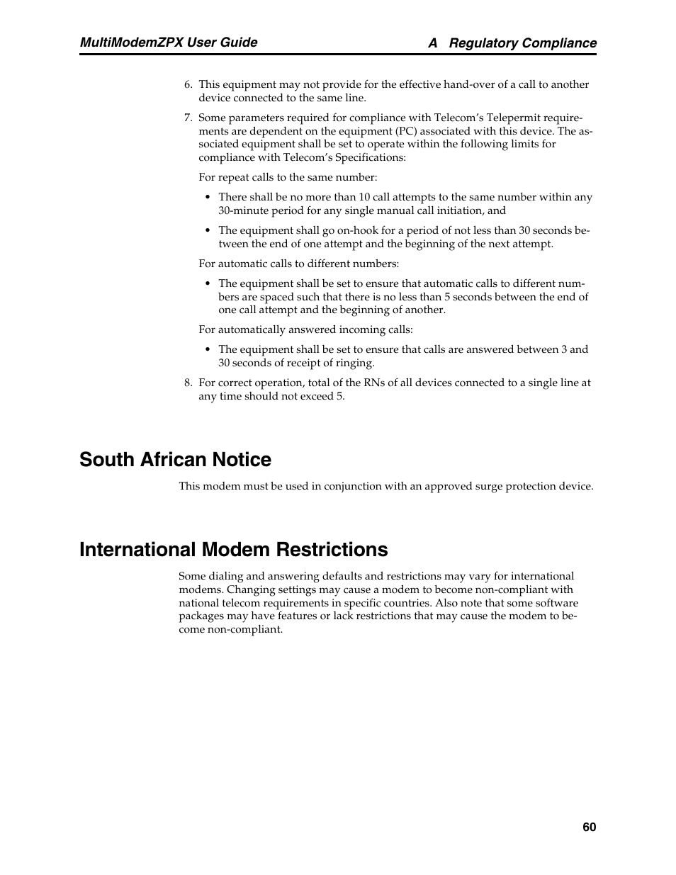 South african notice, International modem restrictions | Multi-Tech Systems MT5634ZPX-PCI-V92 User Manual | Page 65 / 85