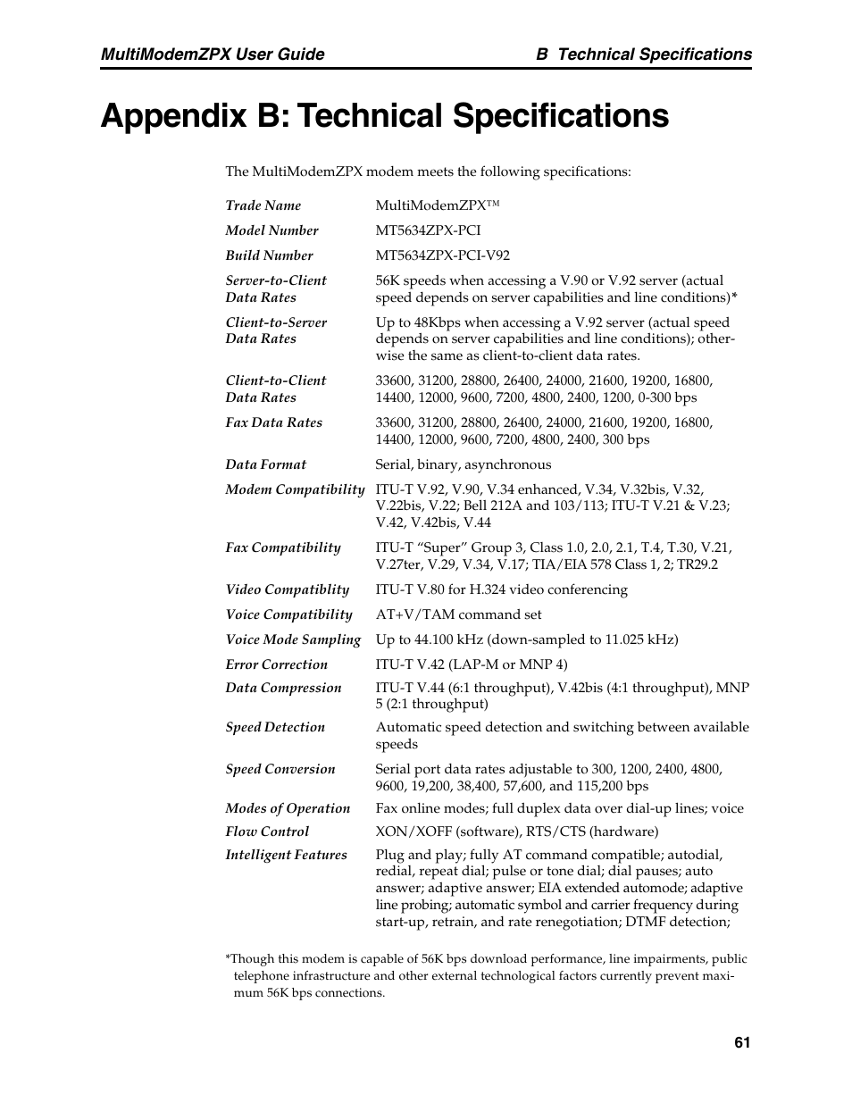 Appendix b: technical specifications | Multi-Tech Systems MT5634ZPX-PCI-V92 User Manual | Page 66 / 85