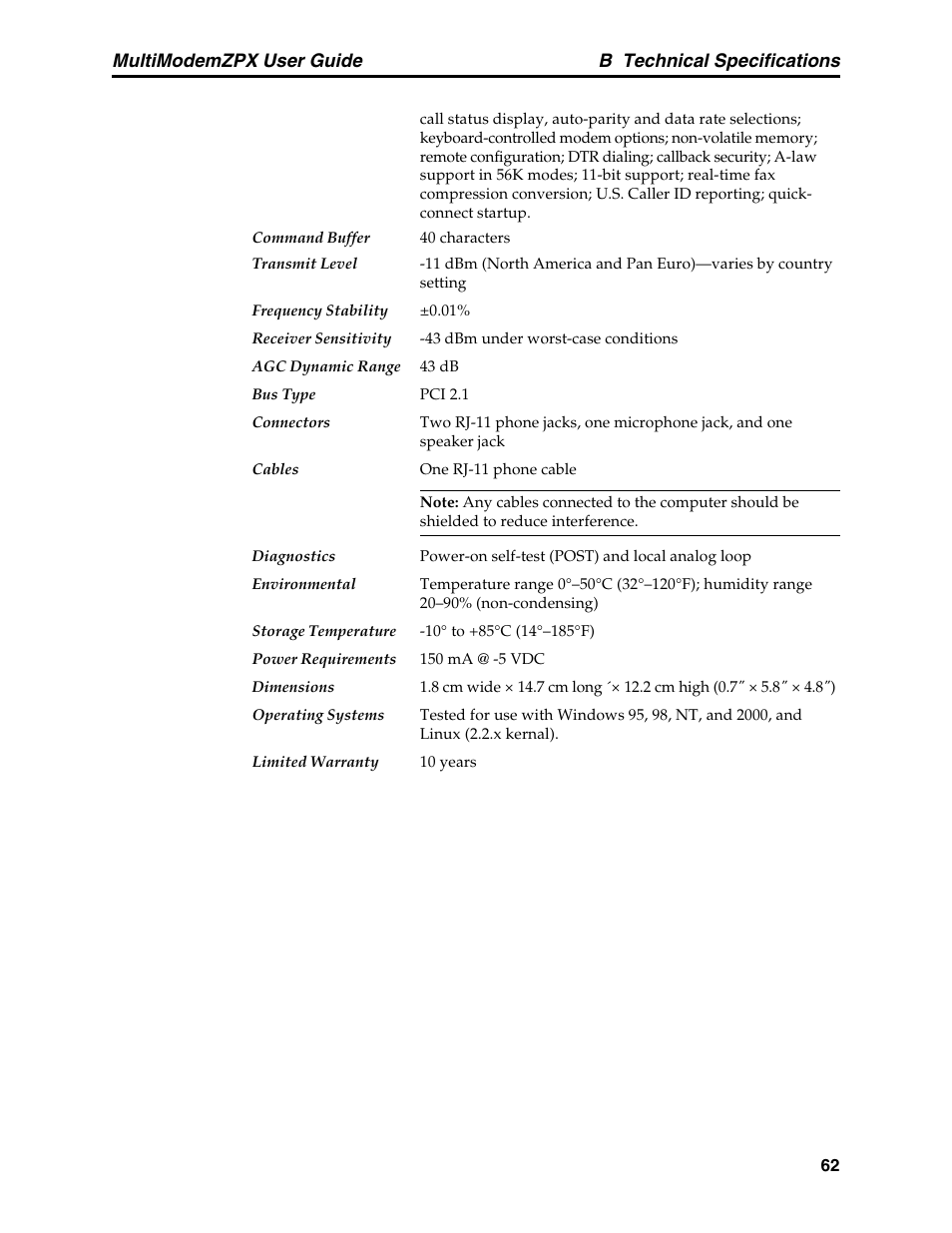 B technical specifications, Multimodemzpx user guide | Multi-Tech Systems MT5634ZPX-PCI-V92 User Manual | Page 67 / 85