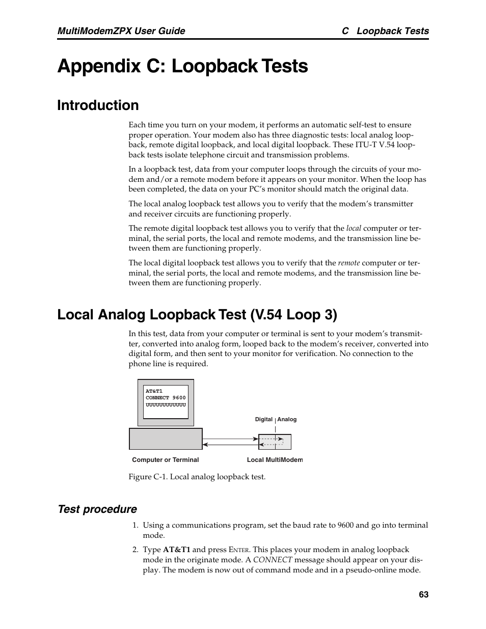 Appendix c: loopback tests, Introduction, Local analog loopback test (v.54 loop 3) | Test procedure | Multi-Tech Systems MT5634ZPX-PCI-V92 User Manual | Page 68 / 85