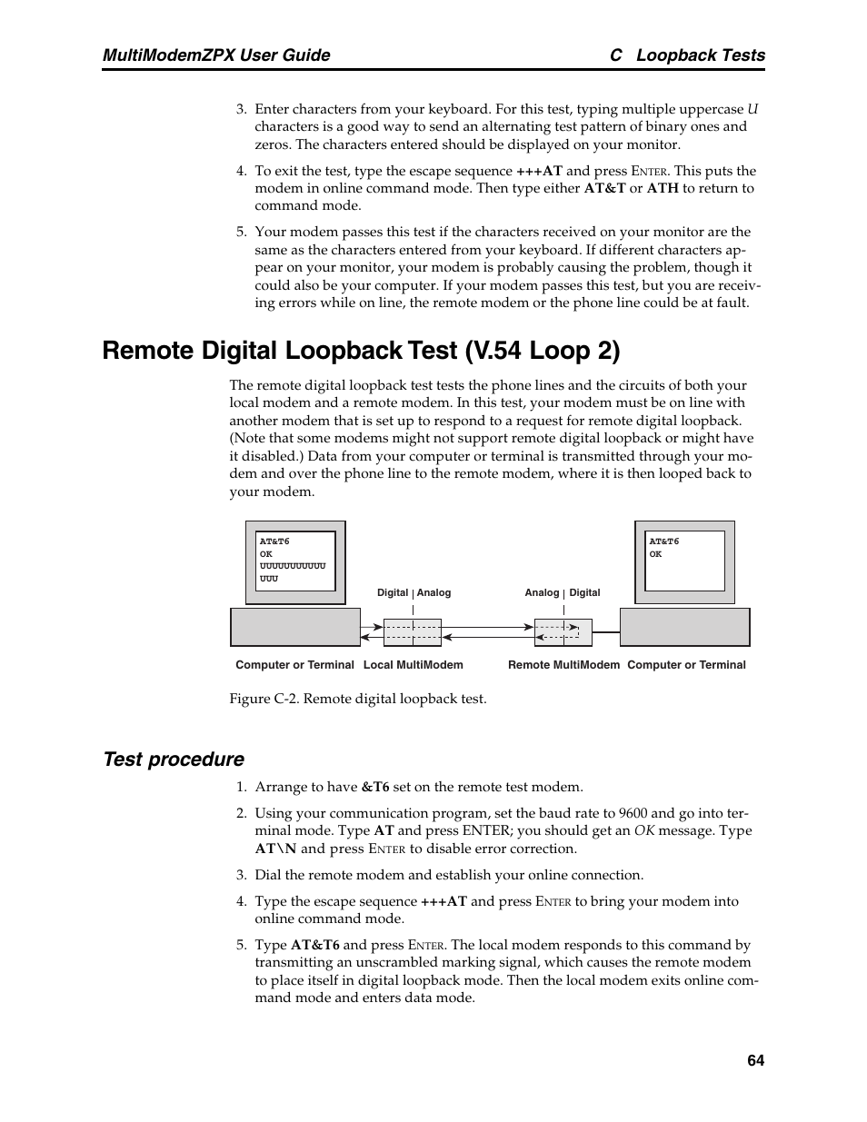 Remote digital loopback test (v.54 loop 2), Test procedure, C loopback tests | Multimodemzpx user guide | Multi-Tech Systems MT5634ZPX-PCI-V92 User Manual | Page 69 / 85