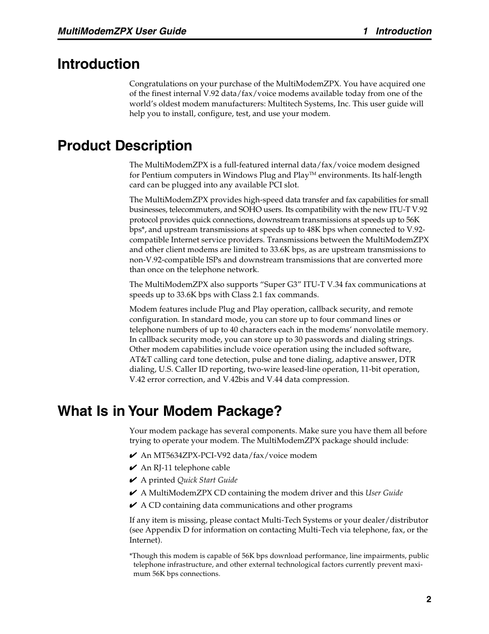 Chapter 1: introduction, Introduction, Product description | What is in your modem package | Multi-Tech Systems MT5634ZPX-PCI-V92 User Manual | Page 7 / 85
