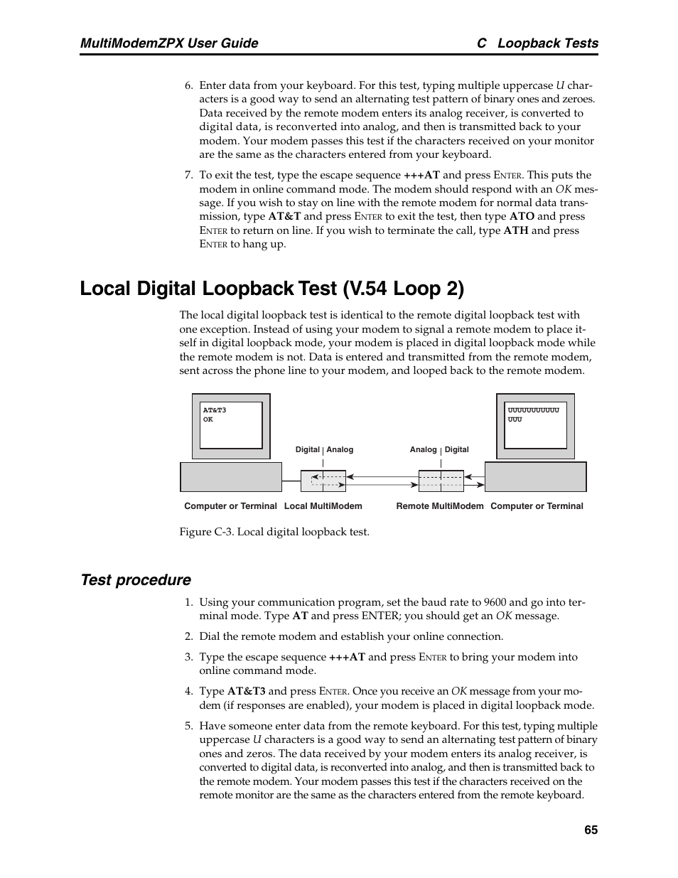 Local digital loopback test (v.54 loop 2), Test procedure, C loopback tests | Multimodemzpx user guide | Multi-Tech Systems MT5634ZPX-PCI-V92 User Manual | Page 70 / 85