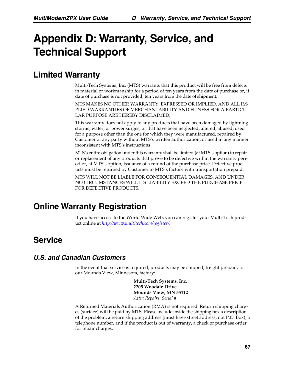 Limited warranty, Online warranty registration, Service | U.s. and canadian customers | Multi-Tech Systems MT5634ZPX-PCI-V92 User Manual | Page 72 / 85