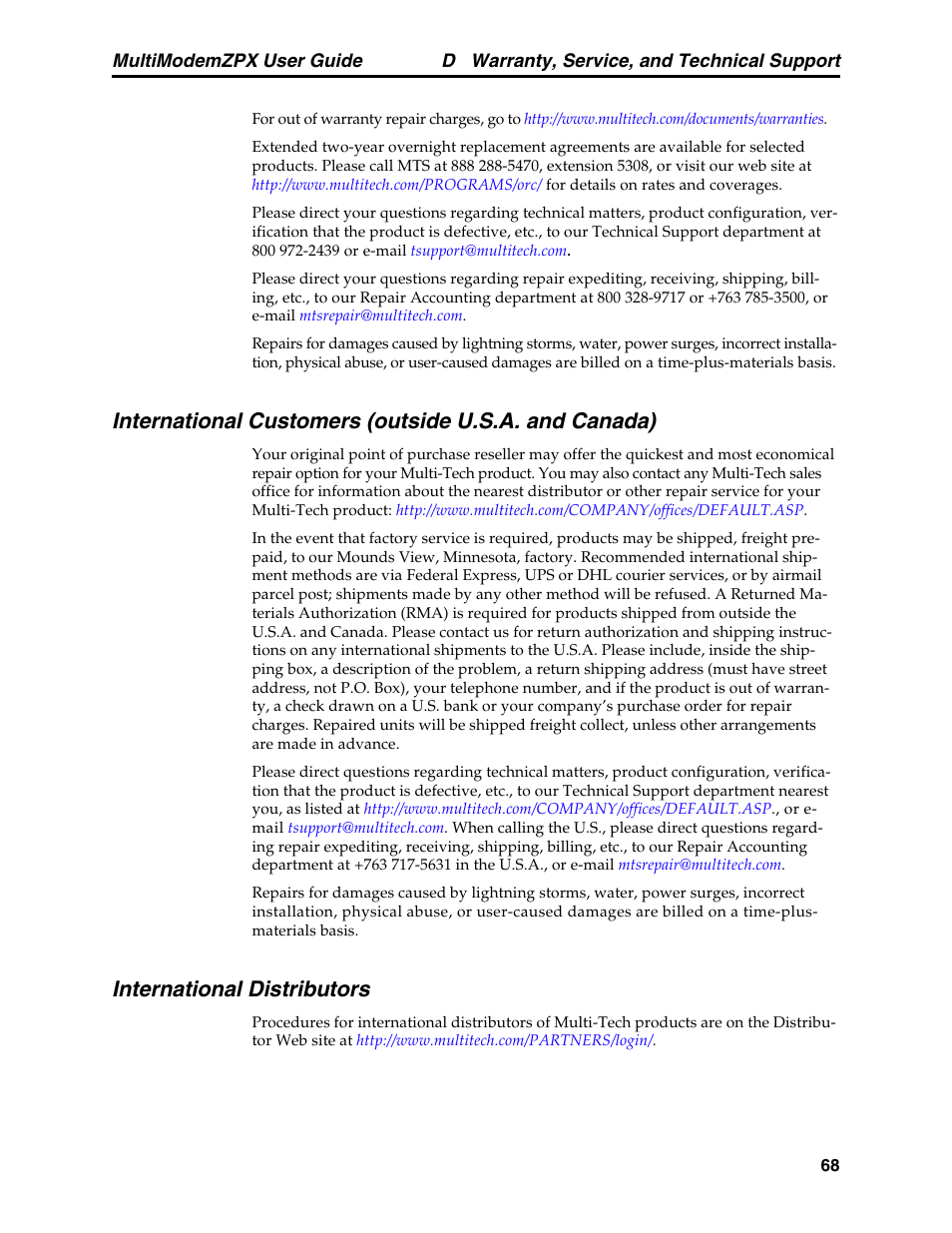 International distributors | Multi-Tech Systems MT5634ZPX-PCI-V92 User Manual | Page 73 / 85