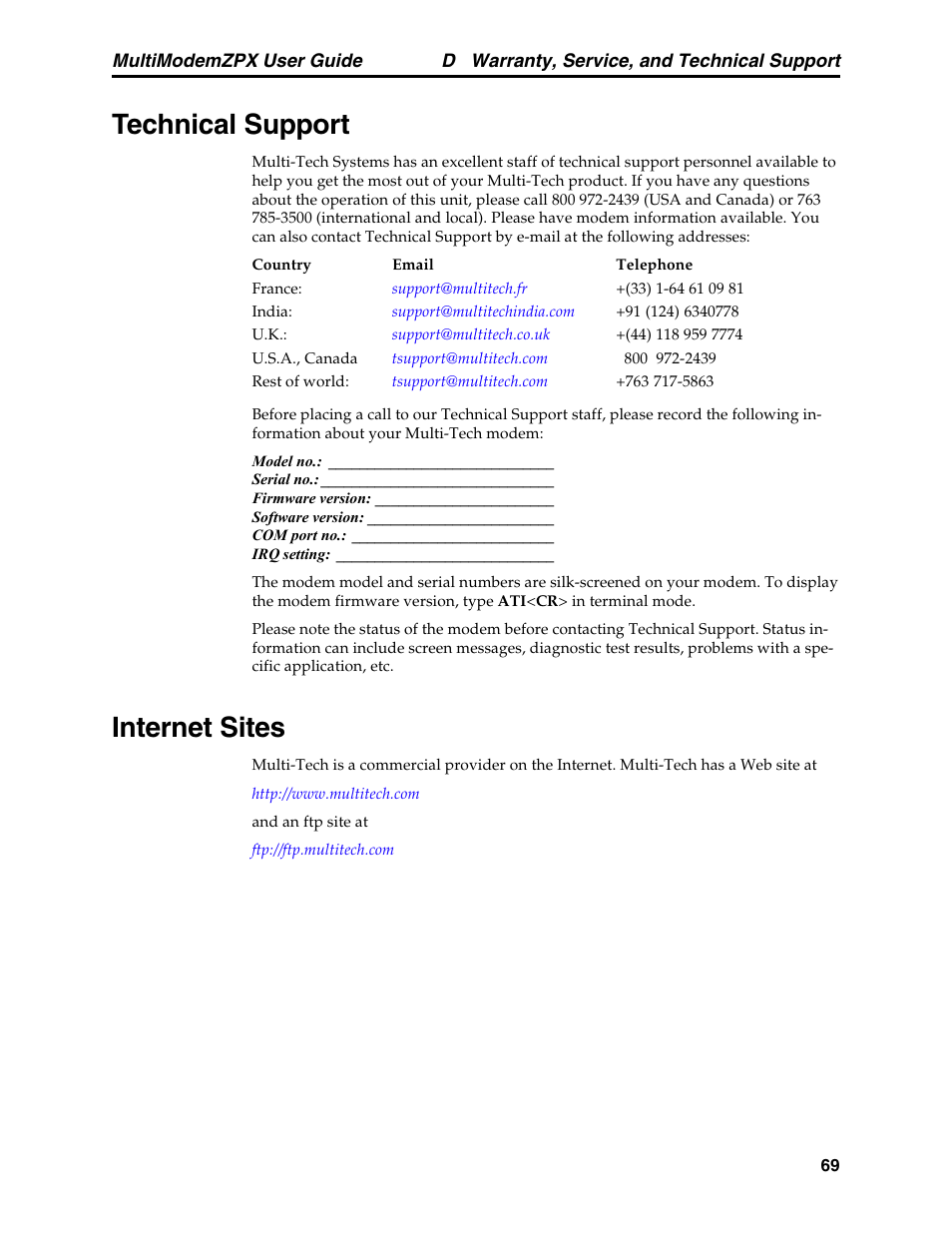 Technical support, Internet sites, Technical support internet sites | Multi-Tech Systems MT5634ZPX-PCI-V92 User Manual | Page 74 / 85
