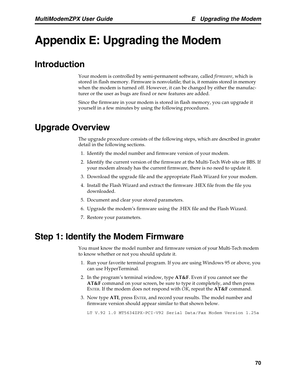 Appendix e: upgrading the modem, Introduction, Upgrade overview | Step 1: identify the modem firmware | Multi-Tech Systems MT5634ZPX-PCI-V92 User Manual | Page 75 / 85
