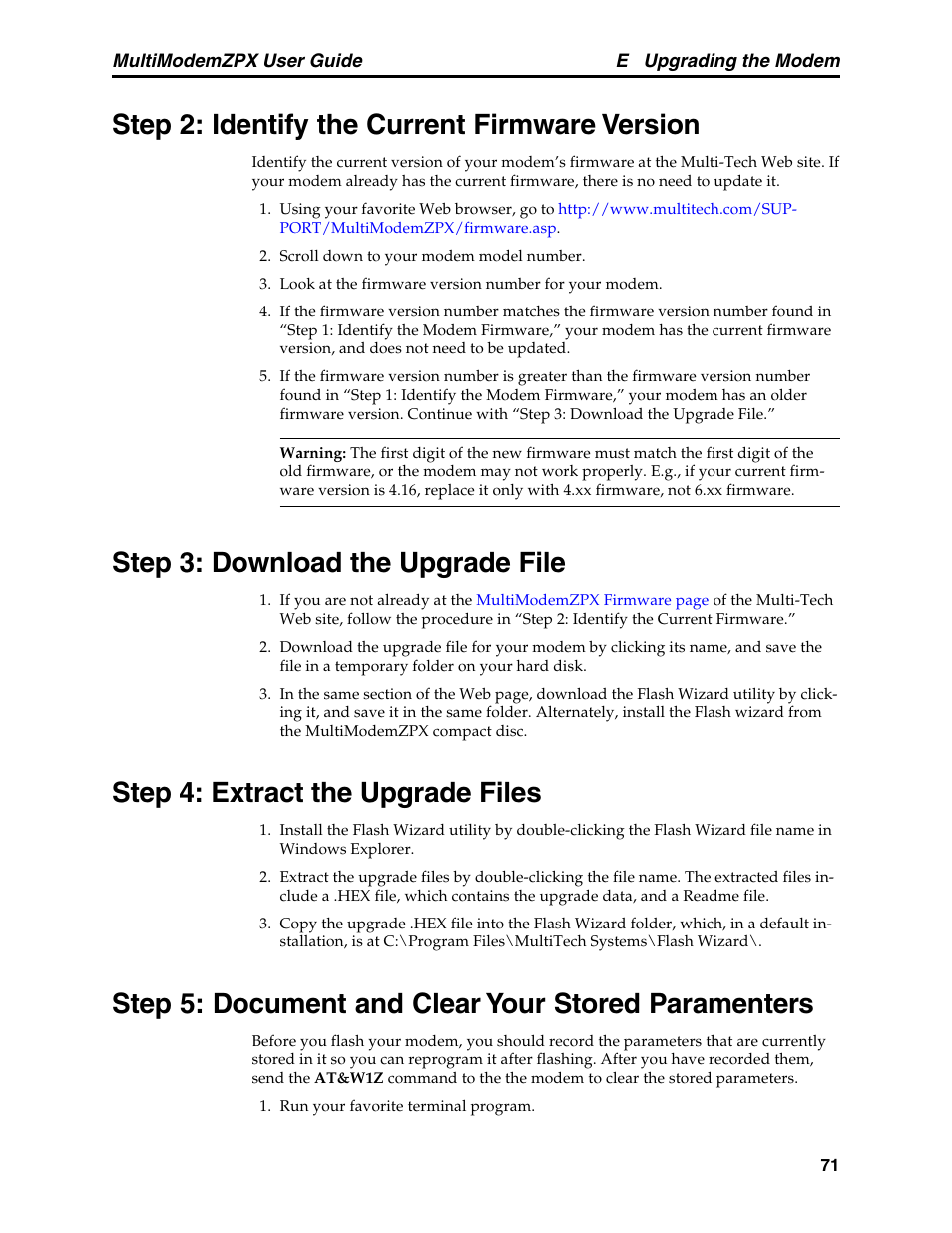 Step 2: identify the current firmware version, Step 3: download the upgrade file, Step 4: extract the upgrade files | Step 5: document and clear your stored paramenters | Multi-Tech Systems MT5634ZPX-PCI-V92 User Manual | Page 76 / 85