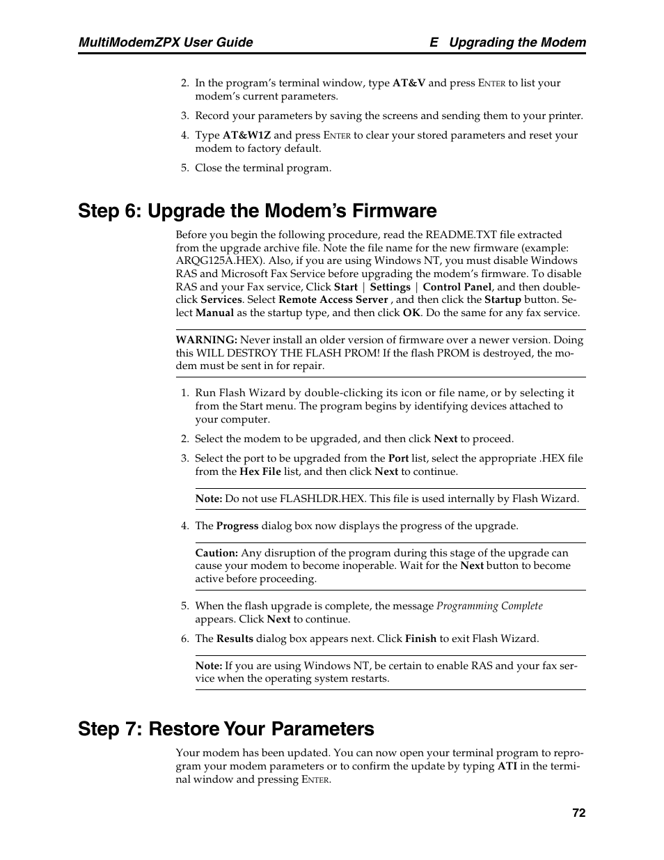 Step 6: upgrade the modem's firmware, Step 7: restore your parameters, Step 6: upgrade the modem’s firmware | E upgrading the modem, Multimodemzpx user guide | Multi-Tech Systems MT5634ZPX-PCI-V92 User Manual | Page 77 / 85