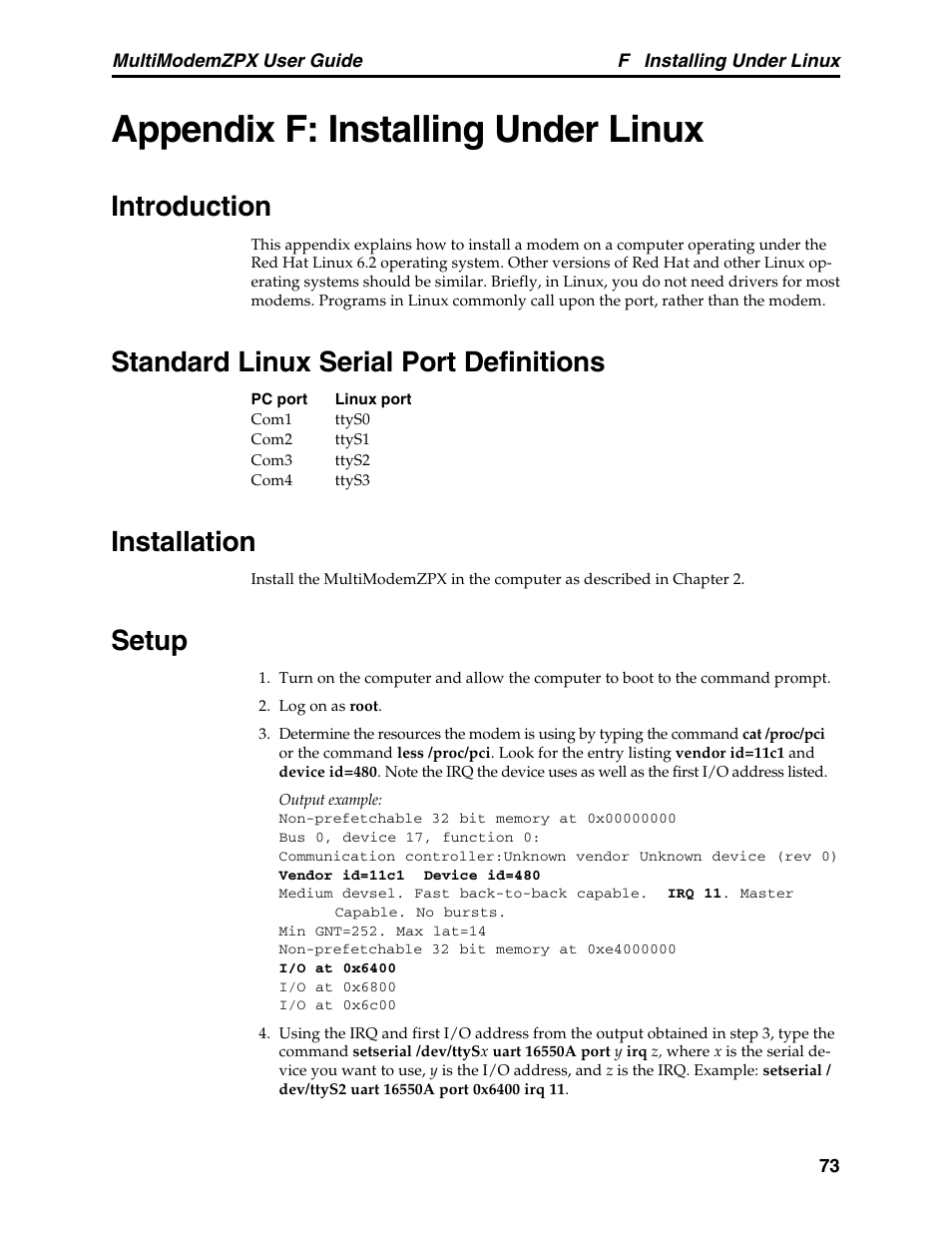 Appendix f: installing under linux, Introduction, Standard linux serial port definitions | Installation, Setup | Multi-Tech Systems MT5634ZPX-PCI-V92 User Manual | Page 78 / 85