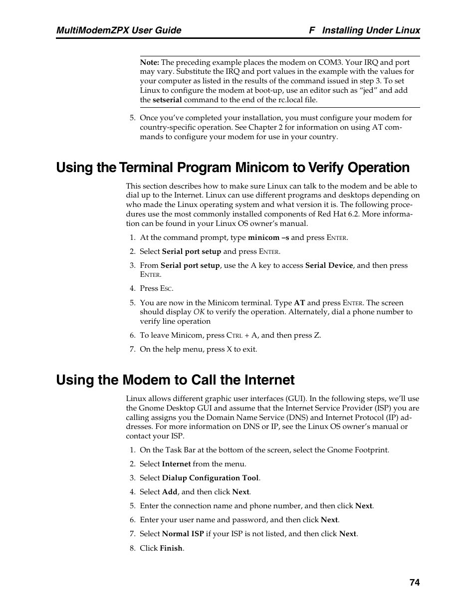Using the modem to call the internet, F installing under linux multimodemzpx user guide | Multi-Tech Systems MT5634ZPX-PCI-V92 User Manual | Page 79 / 85