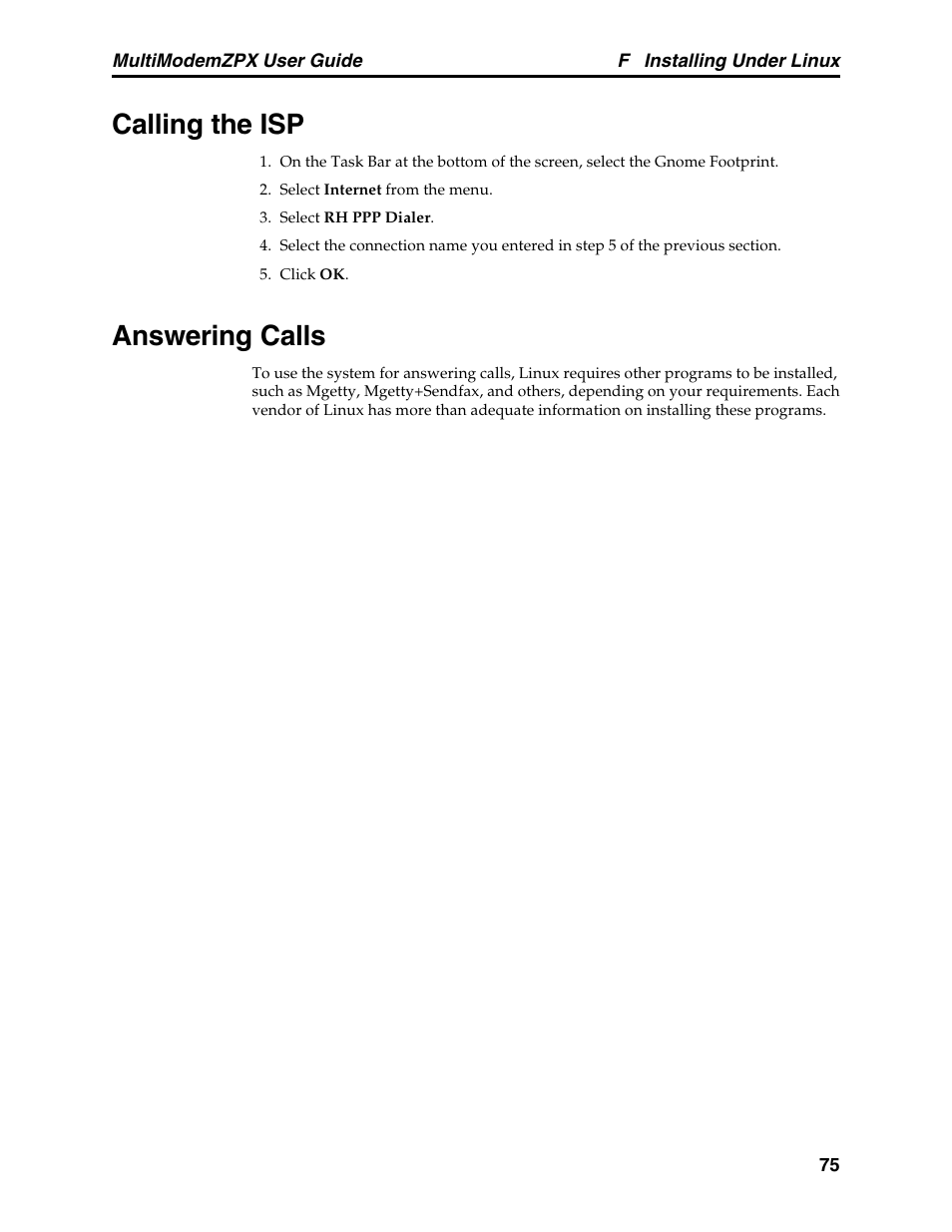 Calling the isp, Answering calls, Calling the isp answering calls | Multi-Tech Systems MT5634ZPX-PCI-V92 User Manual | Page 80 / 85