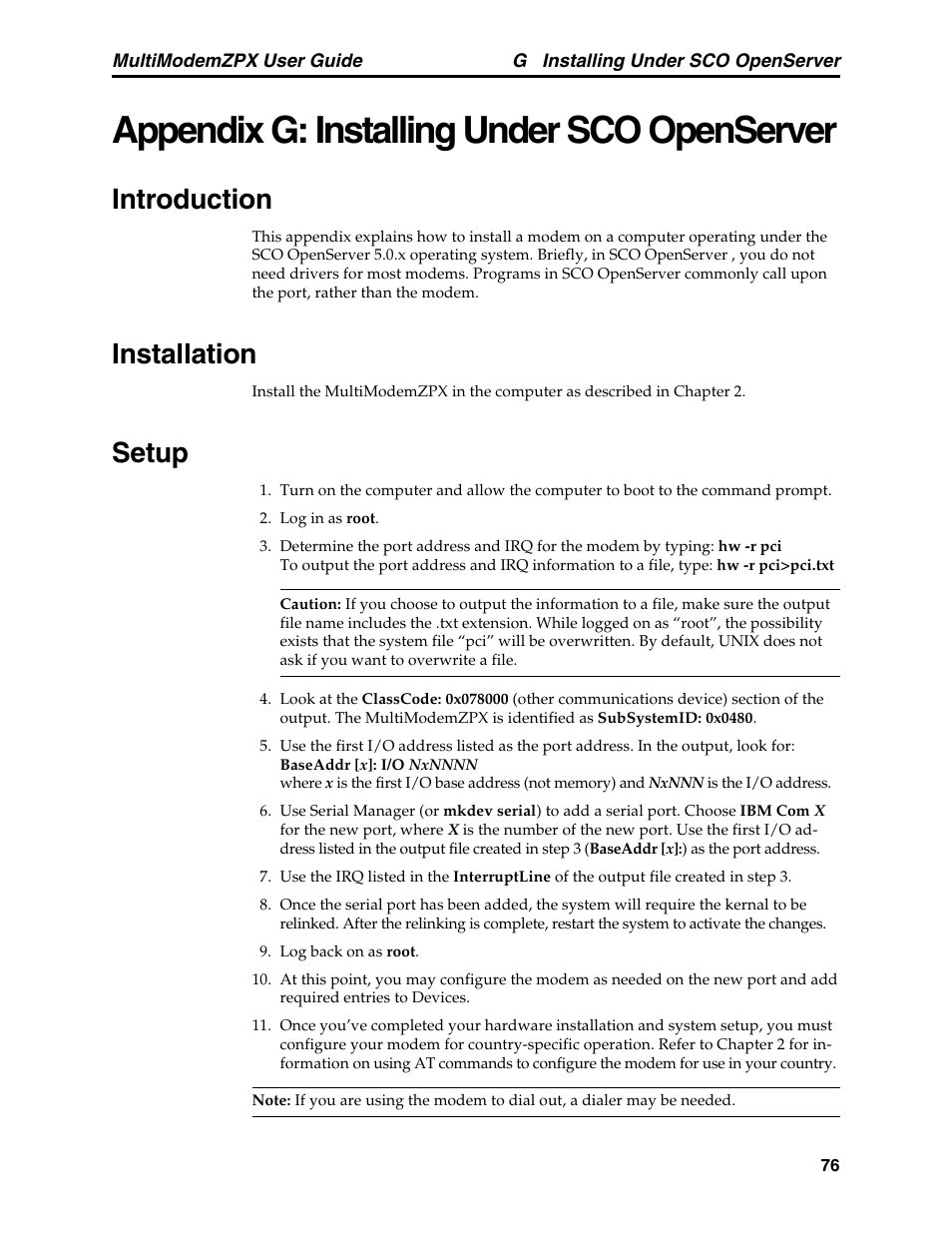 Appendix g: installing under sco openserver, Introduction, Installation | Setup, Introduction installation setup | Multi-Tech Systems MT5634ZPX-PCI-V92 User Manual | Page 81 / 85