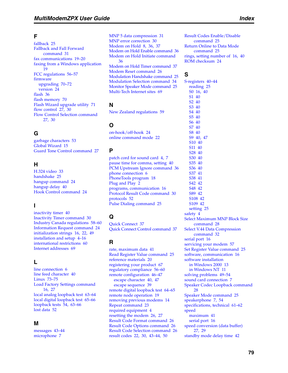 F–st, Index, Multimodemzpx user guide | Multi-Tech Systems MT5634ZPX-PCI-V92 User Manual | Page 84 / 85