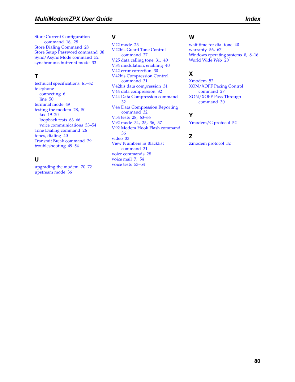 St–z, Index, Multimodemzpx user guide | Multi-Tech Systems MT5634ZPX-PCI-V92 User Manual | Page 85 / 85