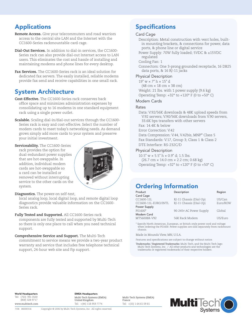 Applications, System architecture, Ordering information | Speciﬁcations | Multi-Tech Systems CC1600-Series User Manual | Page 2 / 2