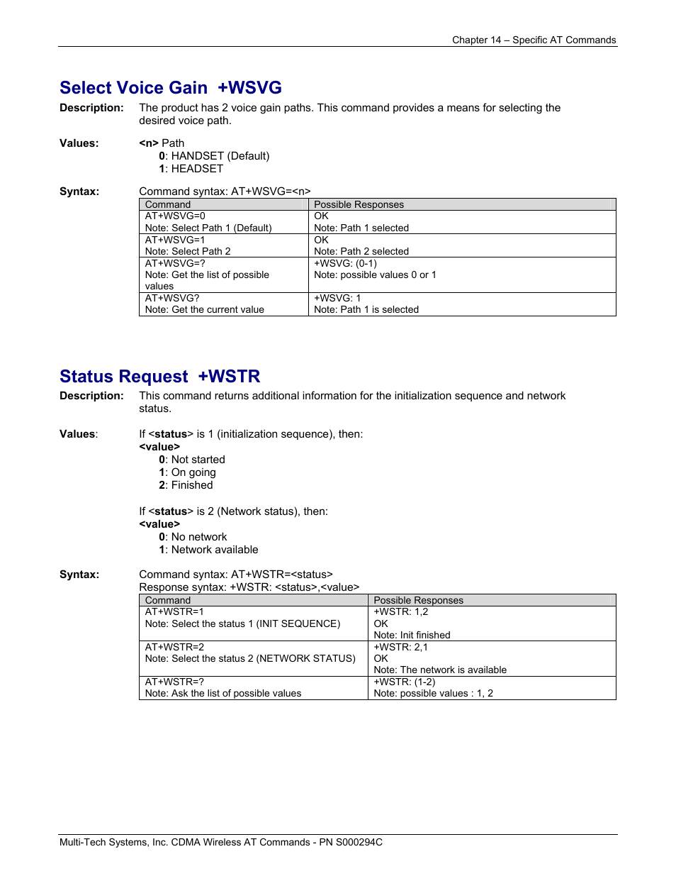 Select voice gain +wsvg, Status request +wstr | Multi-Tech Systems CDMA Wireless Modem User Manual | Page 100 / 195
