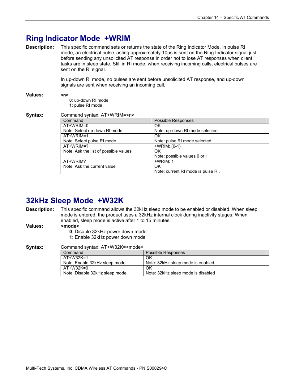Ring indicator mode +wrim, 32khz sleep mode +w32k | Multi-Tech Systems CDMA Wireless Modem User Manual | Page 101 / 195
