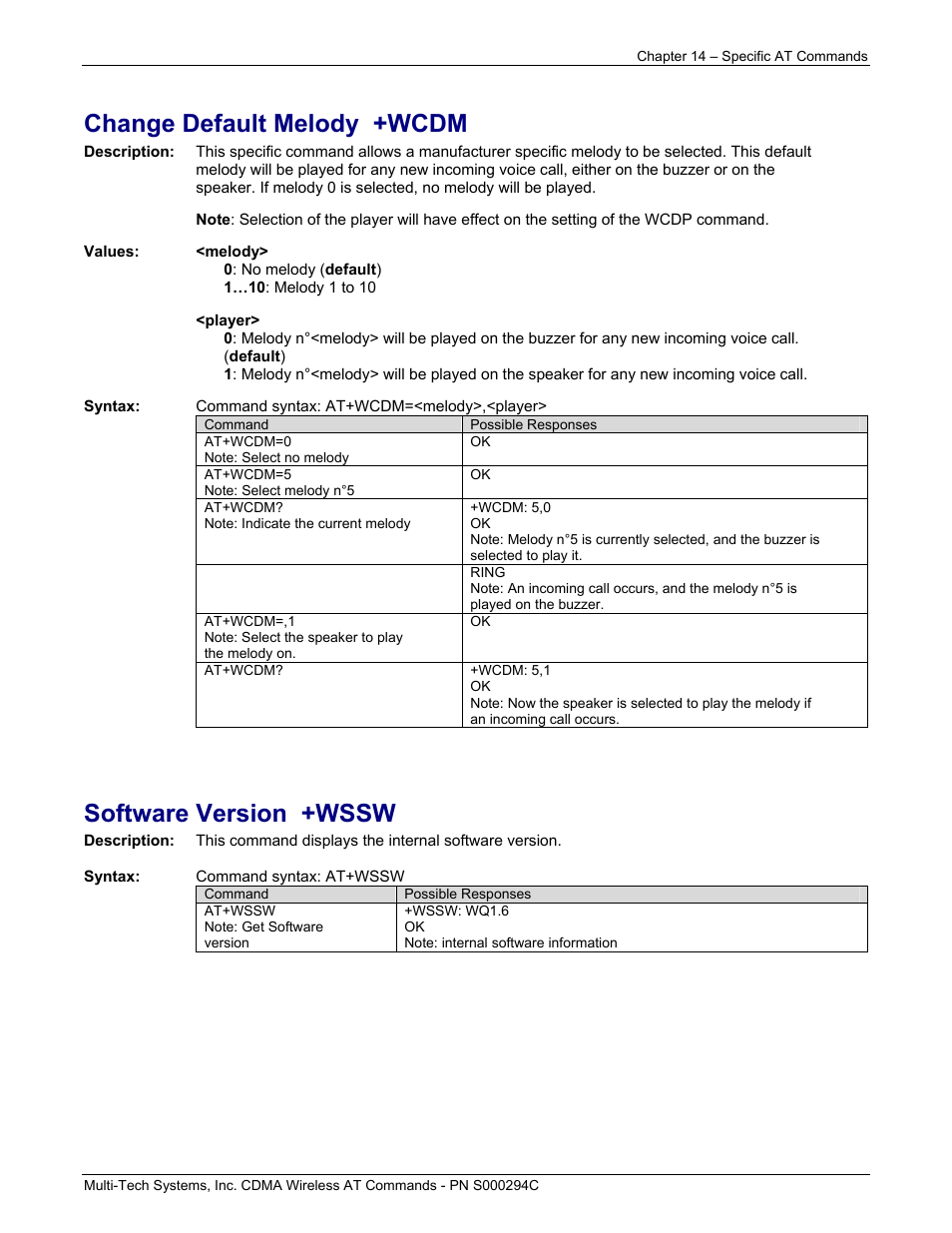 Change default melody +wcdm, Software version +wssw | Multi-Tech Systems CDMA Wireless Modem User Manual | Page 102 / 195