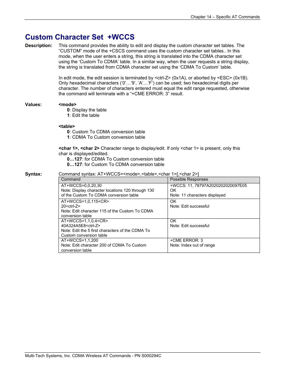 Custom character set +wccs | Multi-Tech Systems CDMA Wireless Modem User Manual | Page 103 / 195