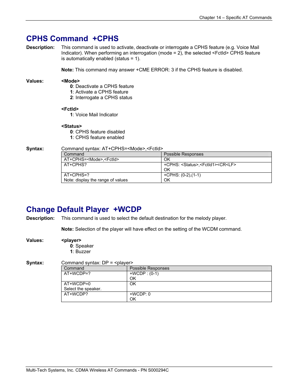 Cphs command +cphs, Change default player +wcdp | Multi-Tech Systems CDMA Wireless Modem User Manual | Page 104 / 195