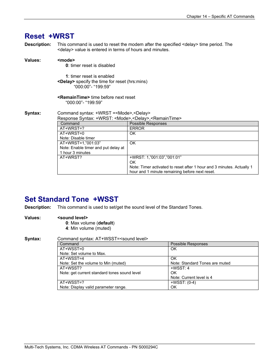 Reset +wrst, Set standard tone +wsst | Multi-Tech Systems CDMA Wireless Modem User Manual | Page 105 / 195