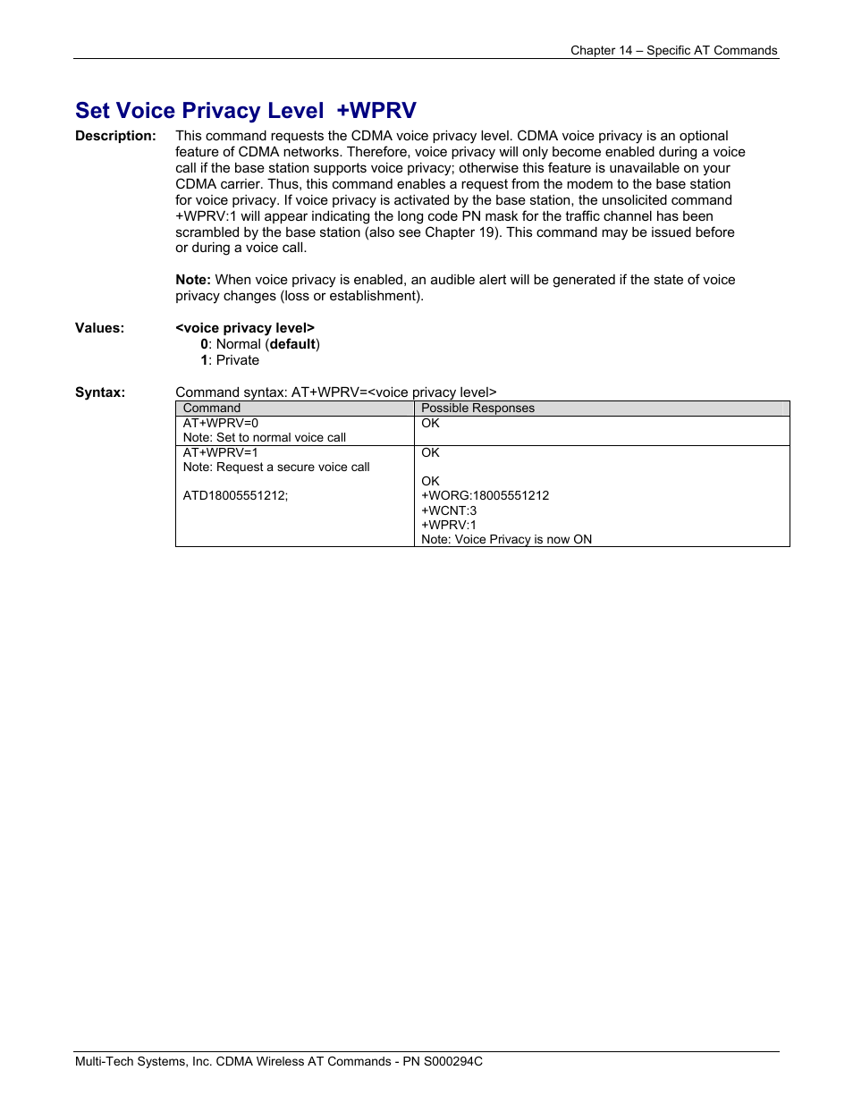 Set voice privacy level +wprv | Multi-Tech Systems CDMA Wireless Modem User Manual | Page 106 / 195