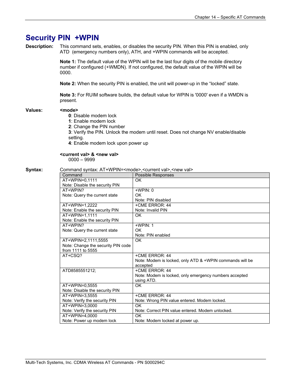 Security pin +wpin | Multi-Tech Systems CDMA Wireless Modem User Manual | Page 107 / 195