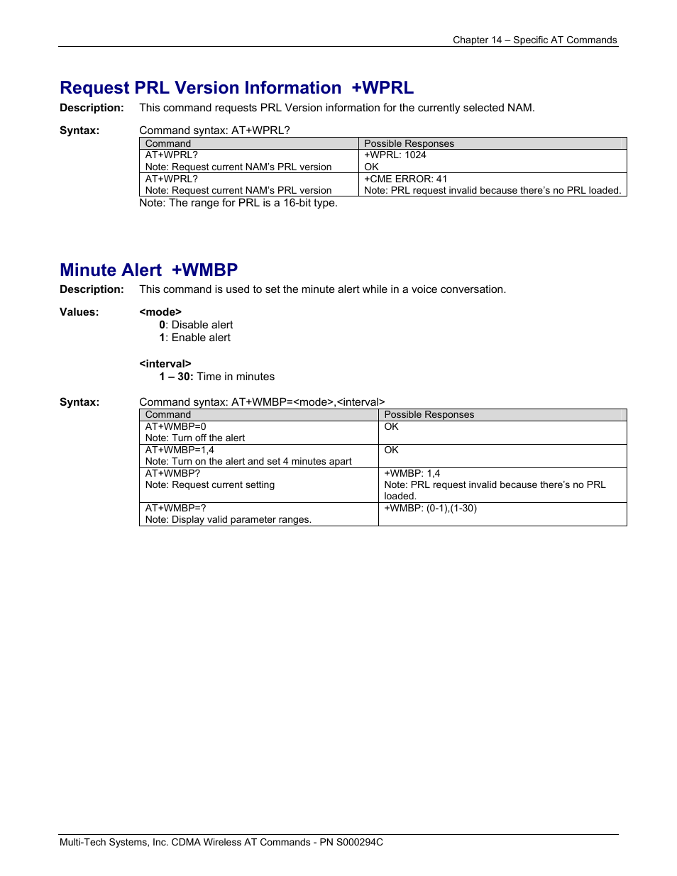 Request prl version information +wprl, Minute alert +wmbp | Multi-Tech Systems CDMA Wireless Modem User Manual | Page 108 / 195