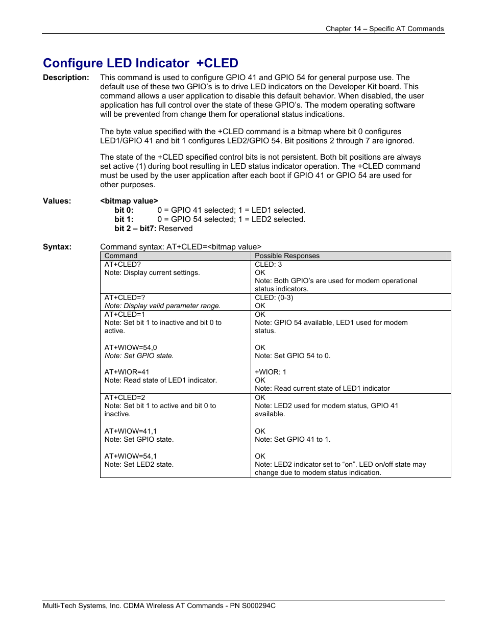 Configure led indicator +cled | Multi-Tech Systems CDMA Wireless Modem User Manual | Page 109 / 195