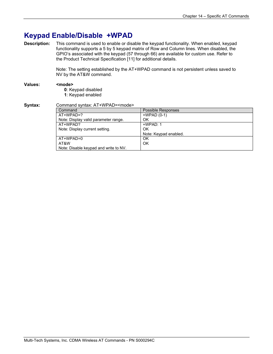 Keypad enable/disable +wpad | Multi-Tech Systems CDMA Wireless Modem User Manual | Page 110 / 195