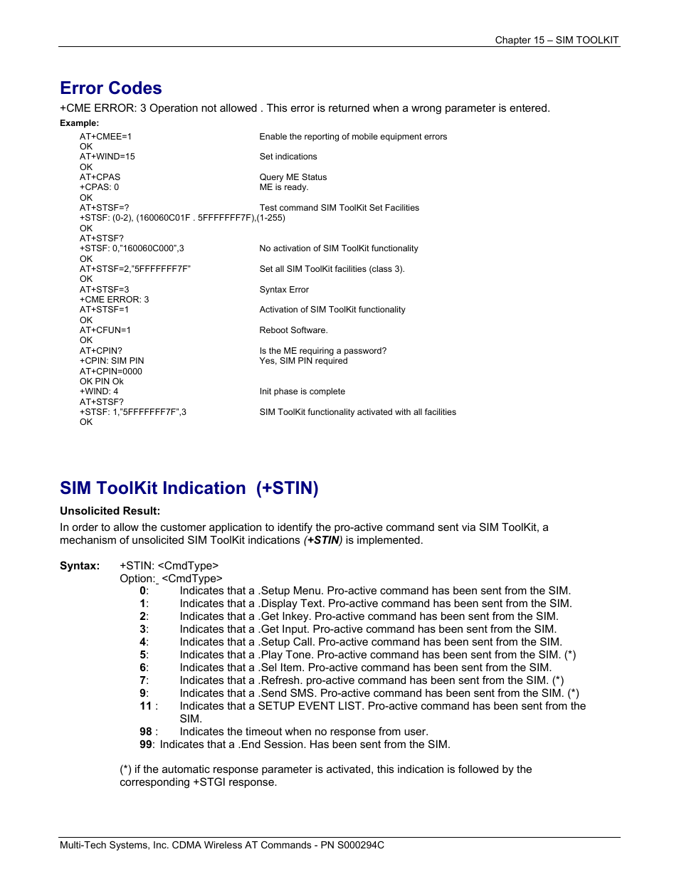 Error codes, Sim toolkit indication (+stin) | Multi-Tech Systems CDMA Wireless Modem User Manual | Page 115 / 195