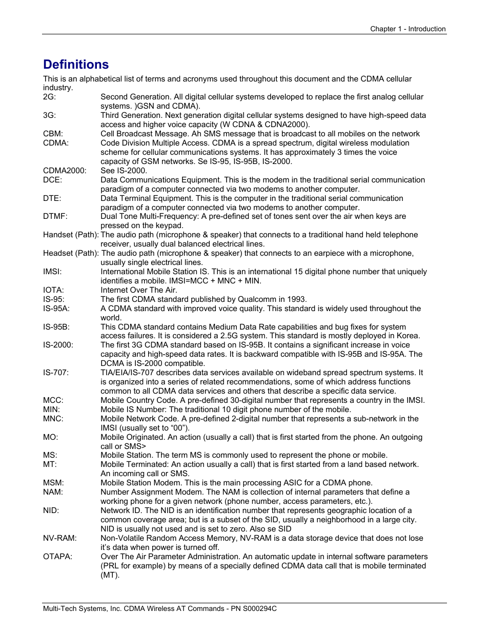 Definitions | Multi-Tech Systems CDMA Wireless Modem User Manual | Page 12 / 195