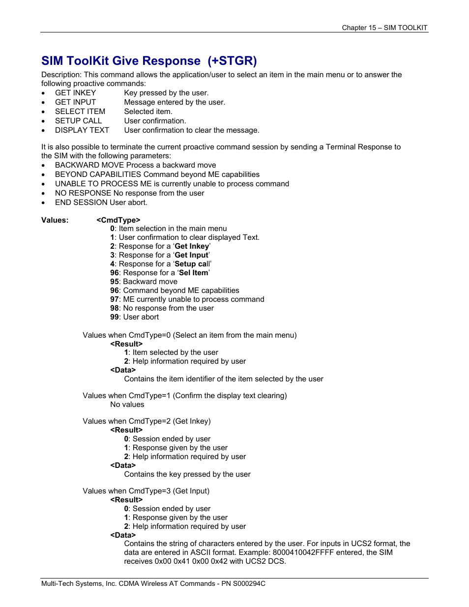 Sim toolkit give response (+stgr) | Multi-Tech Systems CDMA Wireless Modem User Manual | Page 121 / 195