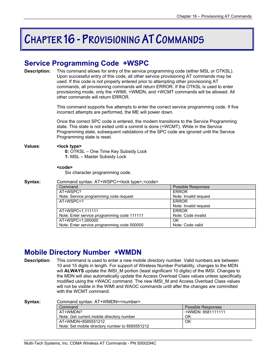 Hapter, Rovisioning, Ommands | Multi-Tech Systems CDMA Wireless Modem User Manual | Page 124 / 195