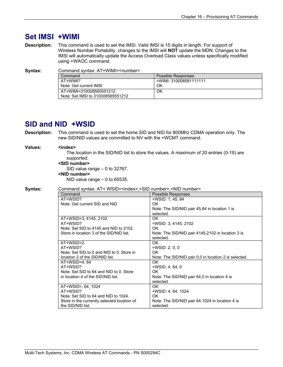 Set imsi +wimi, Sid and nid +wsid | Multi-Tech Systems CDMA Wireless Modem User Manual | Page 125 / 195