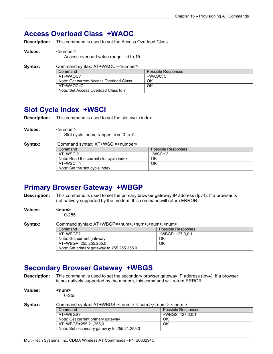Access overload class +waoc, Slot cycle index +wsci, Primary browser gateway +wbgp | Secondary browser gateway +wbgs | Multi-Tech Systems CDMA Wireless Modem User Manual | Page 126 / 195