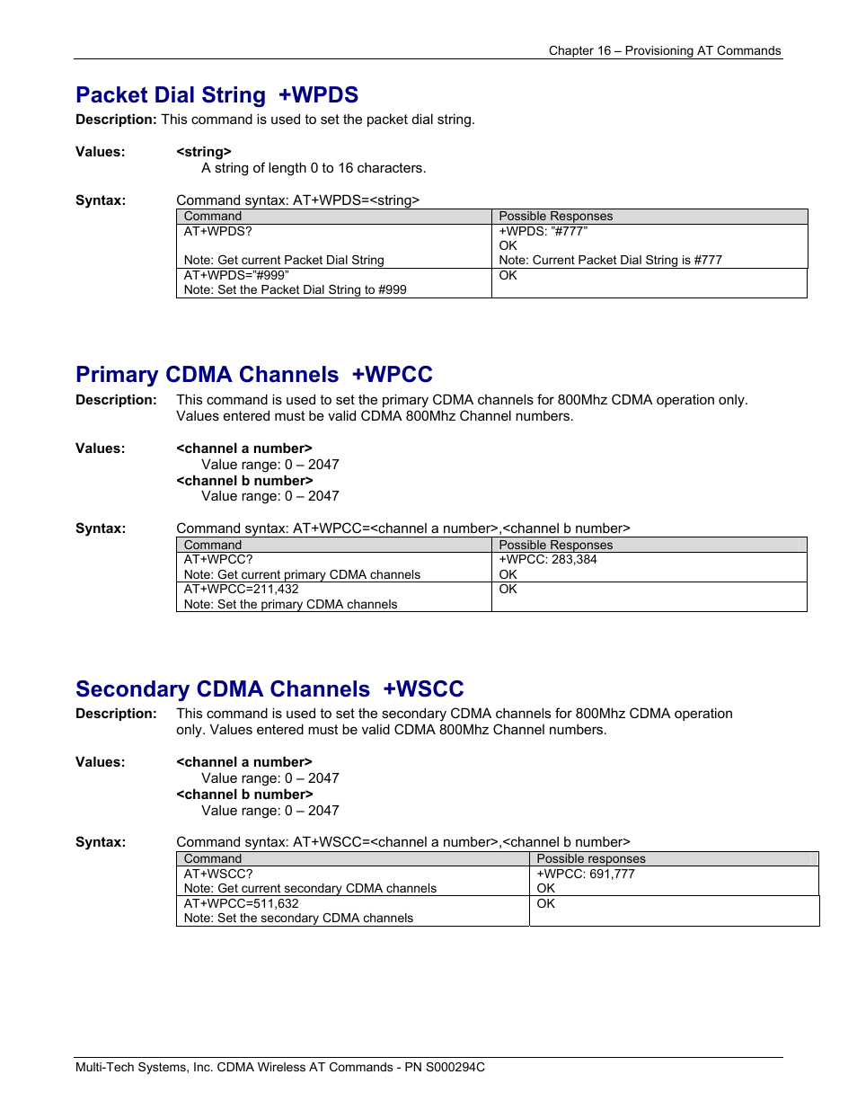Packet dial string +wpds, Primary cdma channels +wpcc, Secondary cdma channels +wscc | Multi-Tech Systems CDMA Wireless Modem User Manual | Page 127 / 195