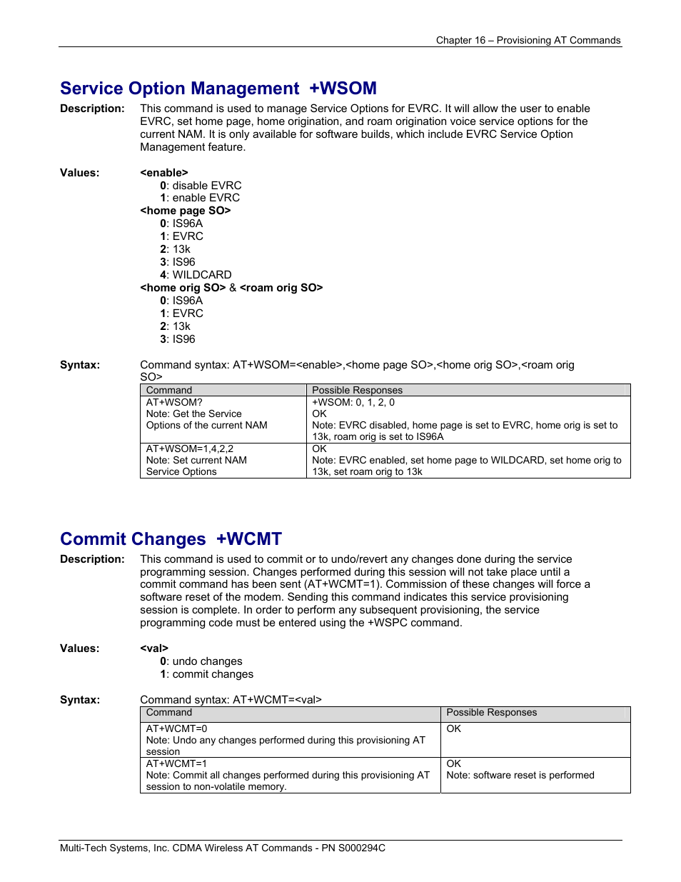 Service option management +wsom, Commit changes +wcmt | Multi-Tech Systems CDMA Wireless Modem User Manual | Page 128 / 195