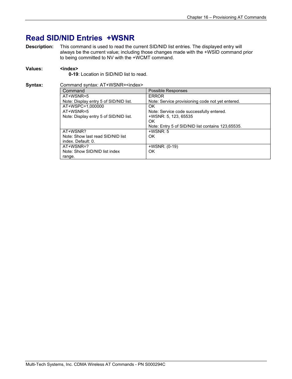 Read sid/nid entries +wsnr | Multi-Tech Systems CDMA Wireless Modem User Manual | Page 129 / 195