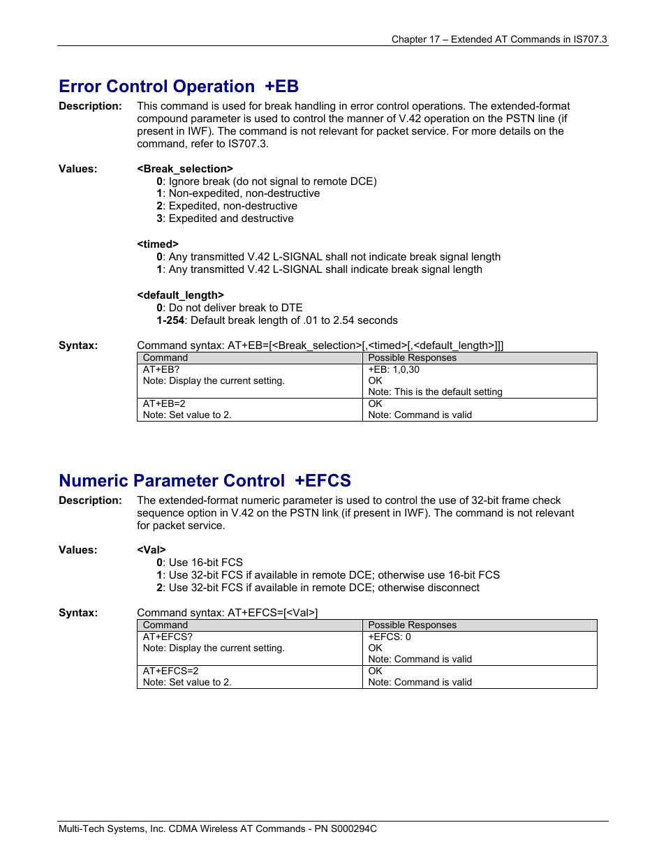 Error control operation +eb, Numeric parameter control +efcs | Multi-Tech Systems CDMA Wireless Modem User Manual | Page 133 / 195