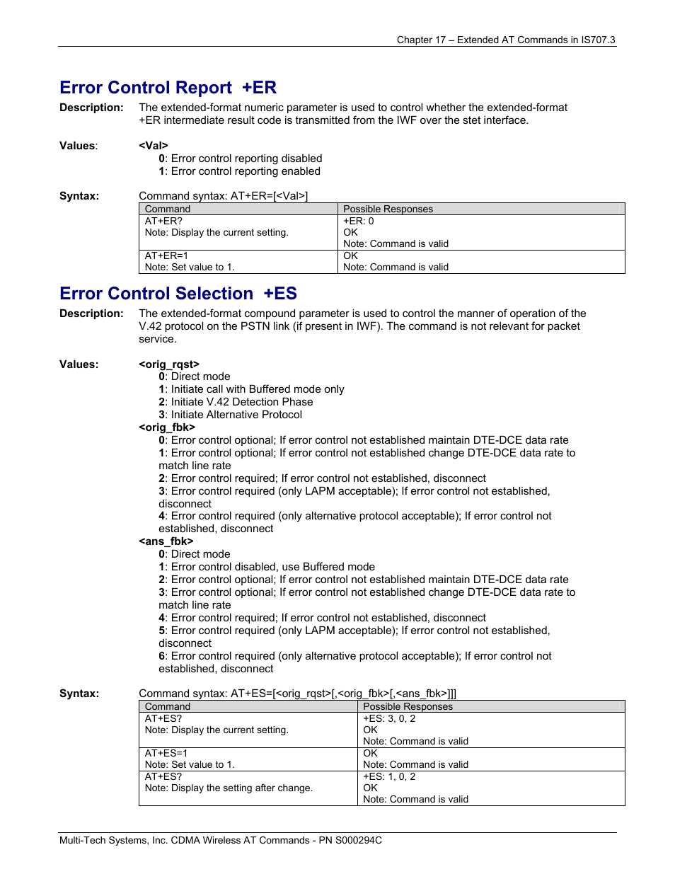 Error control report +er, Error control selection +es | Multi-Tech Systems CDMA Wireless Modem User Manual | Page 134 / 195
