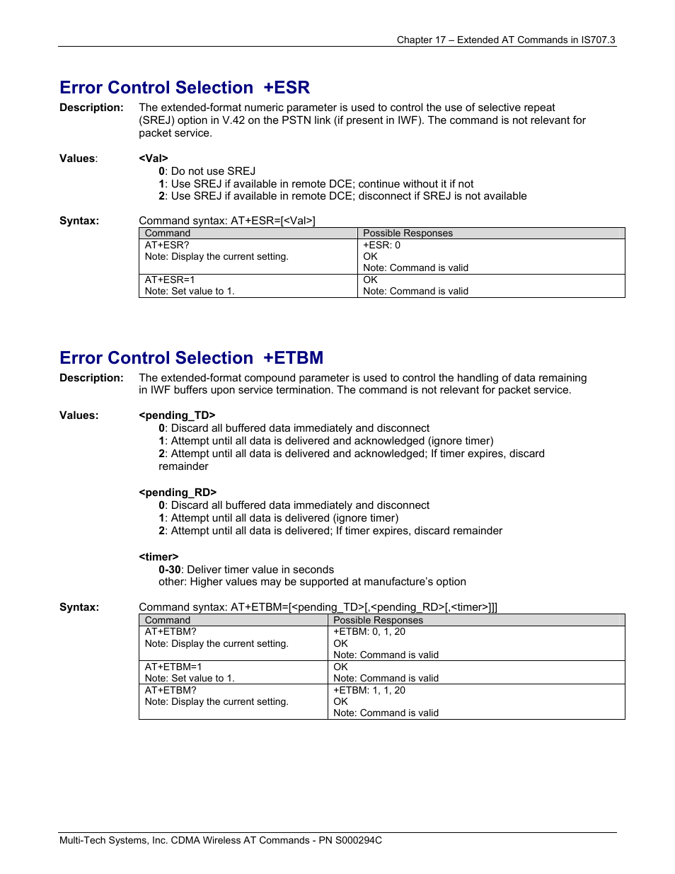 Error control selection +esr, Error control selection +etbm | Multi-Tech Systems CDMA Wireless Modem User Manual | Page 135 / 195