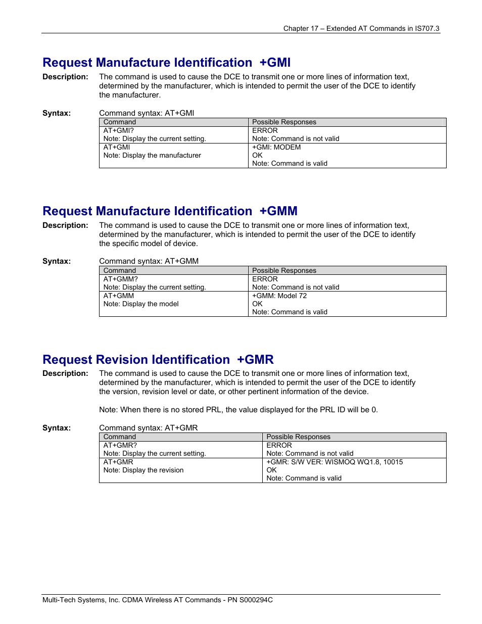 Request manufacture identification +gmi, Request manufacture identification +gmm, Request revision identification +gmr | Multi-Tech Systems CDMA Wireless Modem User Manual | Page 136 / 195