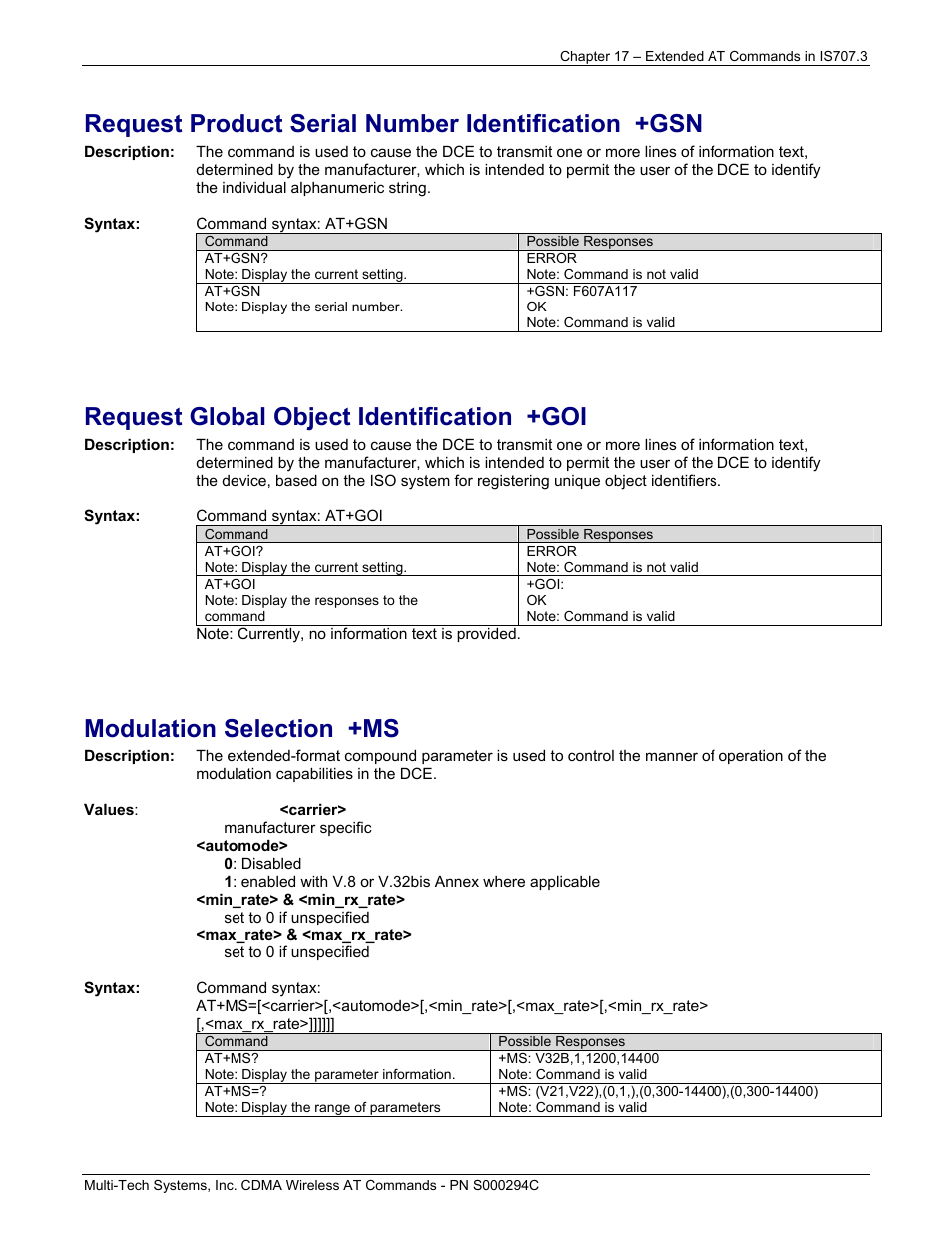 Request product serial number identification +gsn, Request global object identification +goi, Modulation selection +ms | Multi-Tech Systems CDMA Wireless Modem User Manual | Page 137 / 195