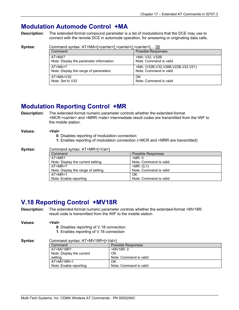 Modulation automode control +ma, Modulation reporting control +mr, V.18 reporting control +mv18r | Multi-Tech Systems CDMA Wireless Modem User Manual | Page 138 / 195