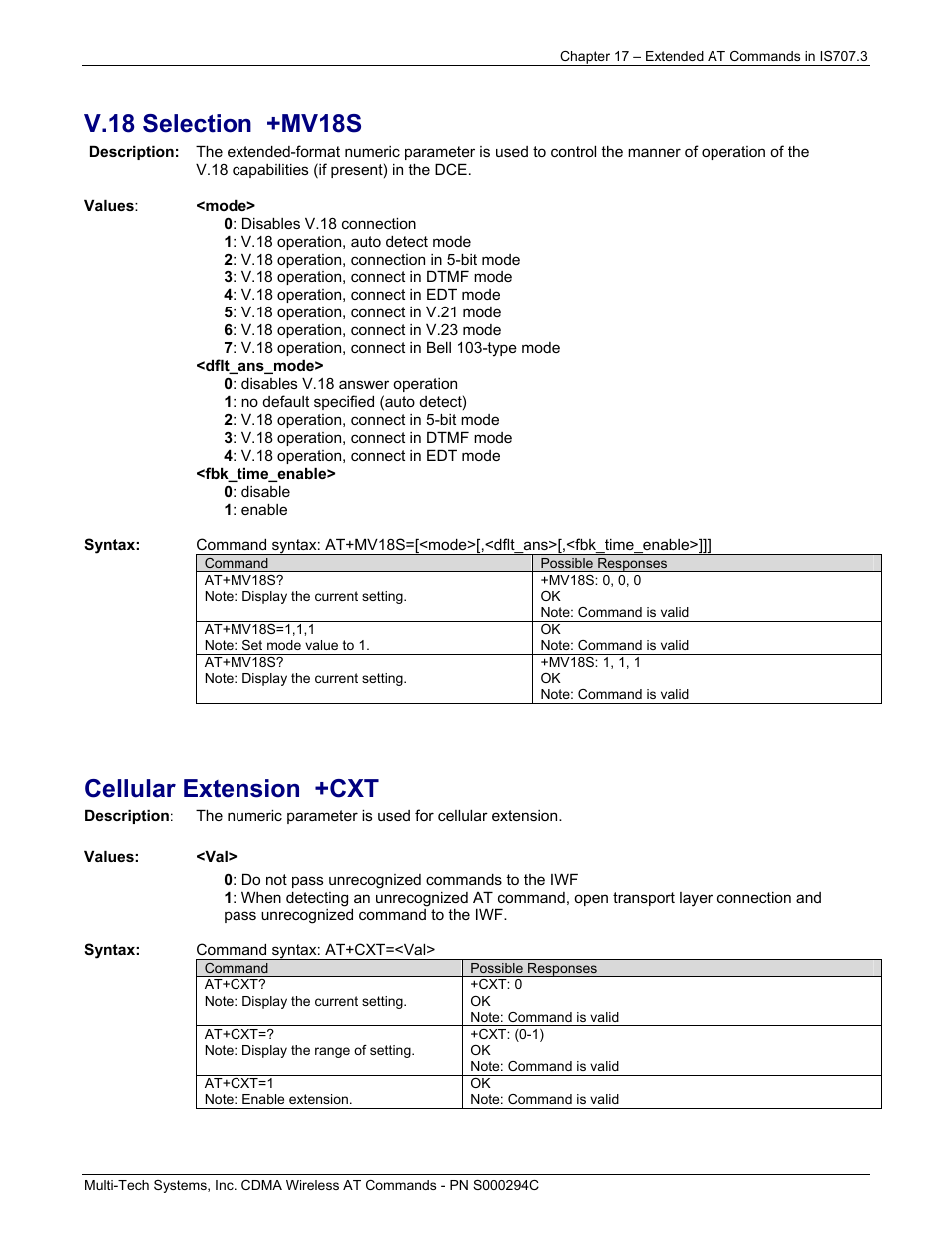 V.18 selection +mv18s, Cellular extension +cxt | Multi-Tech Systems CDMA Wireless Modem User Manual | Page 139 / 195